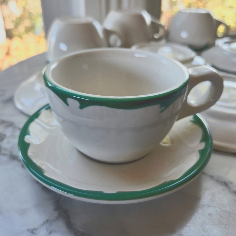 Vintage Buffalo China cream and Green Teacup with Saucer, Set Of 6